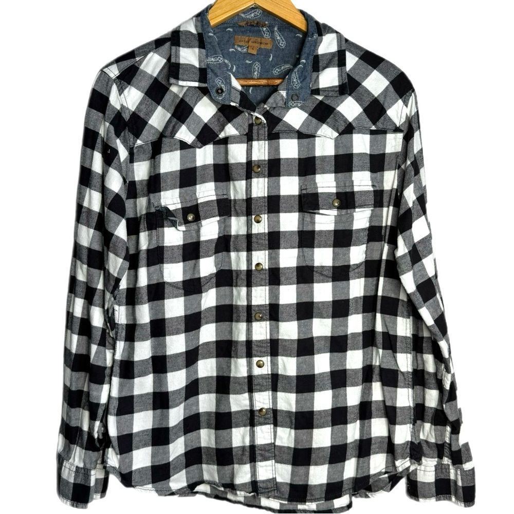 Large buffalo plaid shirt, black & white plaid, snap button down